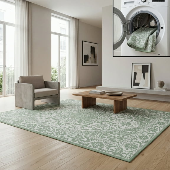 SAFAVIEH Machine Washable Rug Indoor/Outdoor Bermuda Collection - Bermuda Michael Oriental Indoor/Outdoor Area Rug, Green/Ivory, 6'7" x 6'7" Square
