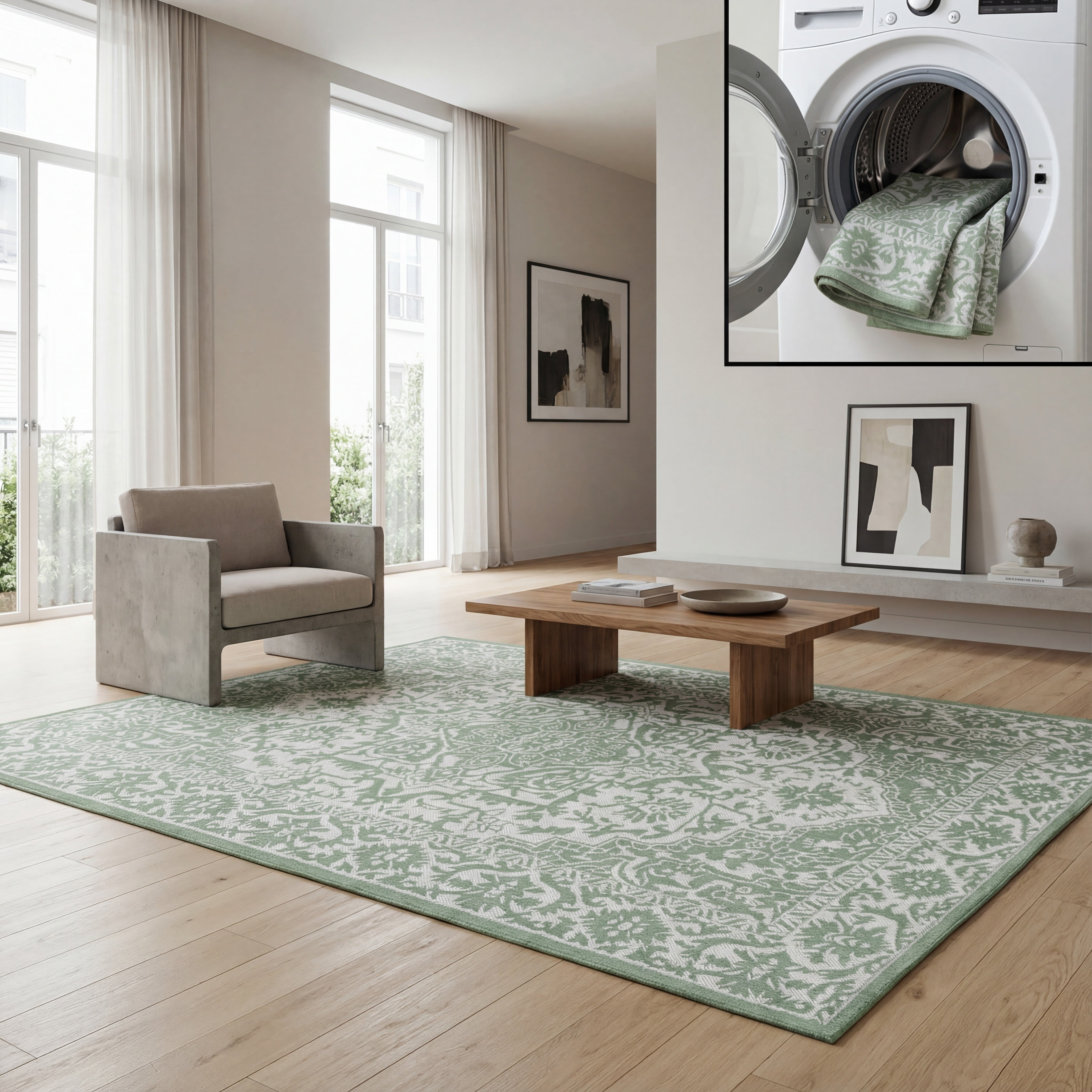 SAFAVIEH Machine Washable Rug Indoor/Outdoor Bermuda Collection - Bermuda Michael Oriental Indoor/Outdoor Area Rug, Green/Ivory, 9' x 12'