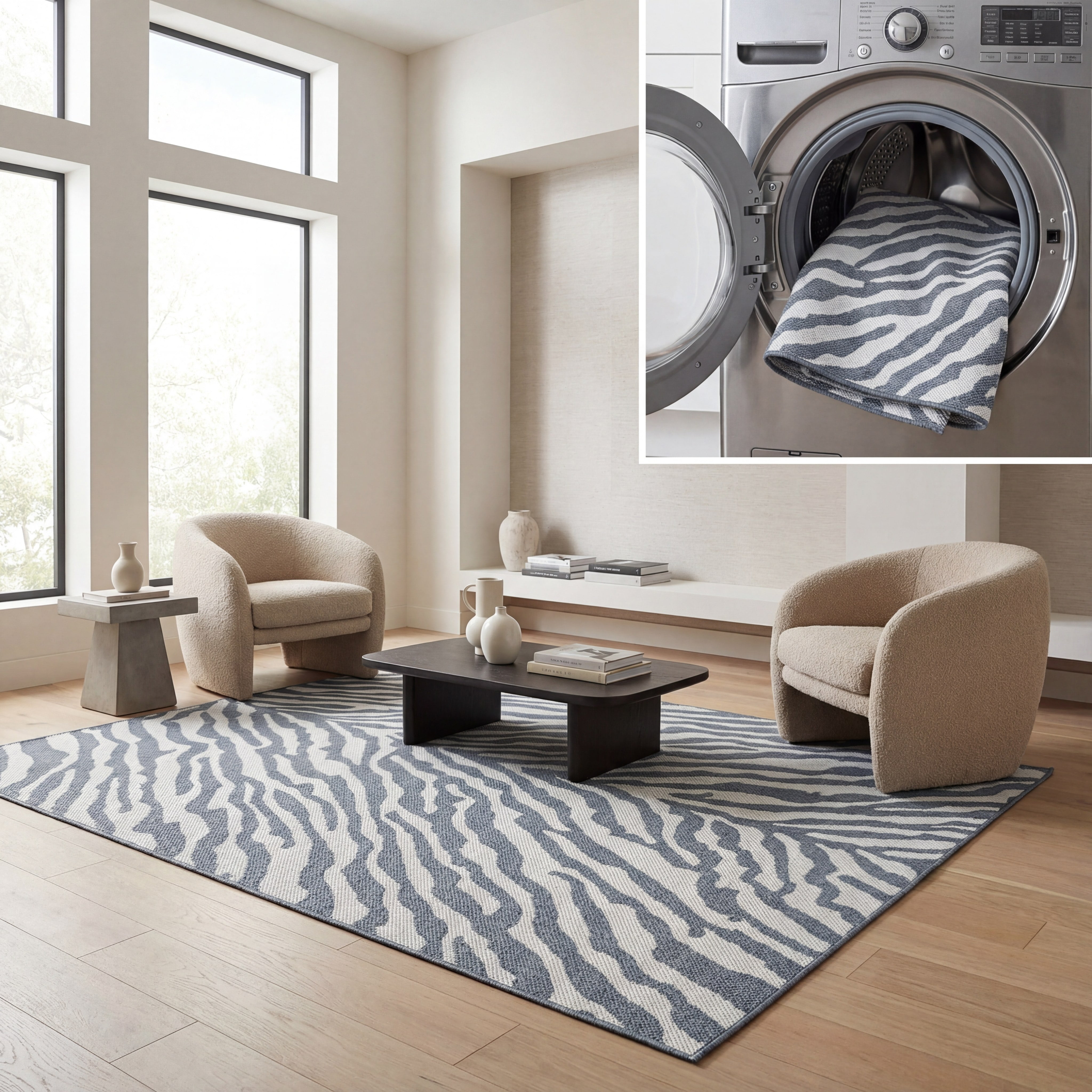 SAFAVIEH Machine Washable Rug Indoor/Outdoor Bermuda Collection - Bermuda Rada Abstract Indoor/Outdoor Area Rug, Navy/Ivory, 5'3" x 7'6"