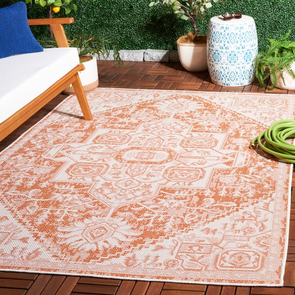 SAFAVIEH Machine Washable Rug Indoor/Outdoor Bermuda Collection - Bermuda Stacy Medallion Indoor/Outdoor Runner Rug, Rust/Ivory, 2' x 8'