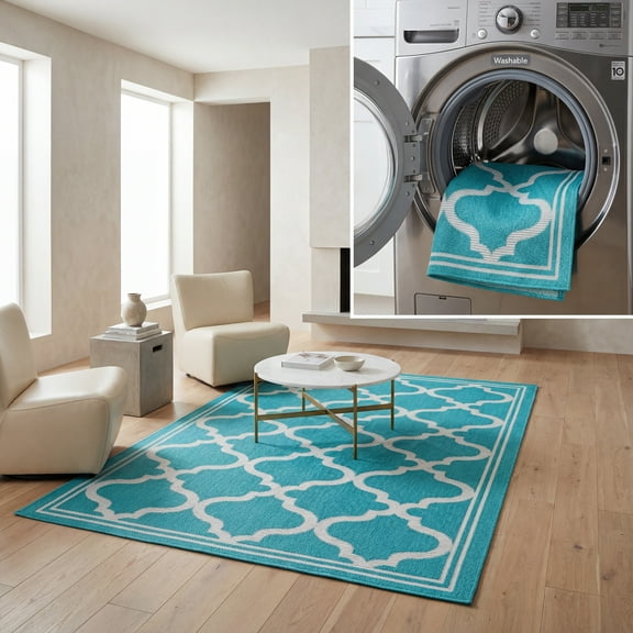 SAFAVIEH Machine Washable Rug Indoor/Outdoor Bermuda Collection - Bermuda Tamaya Geometric Machine Washable Indoor/Outdoor Area Rug, Aqua/Grey, 6'7" x 9'2"