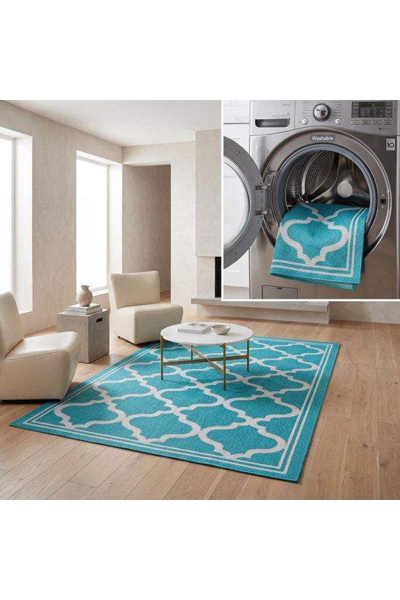 Machine Washable Rug Indoor/Outdoor Bermuda Collection - Bermuda Tamaya Geometric Machine Washable Indoor/Outdoor Area Rug, Aqua/Grey, 6'7" x 9'2"