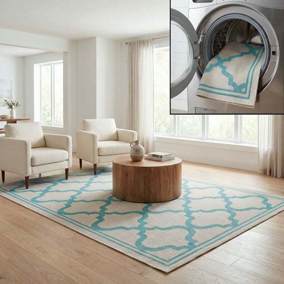 SAFAVIEH Machine Washable Rug Indoor/Outdoor Bermuda Collection - Bermuda Tamaya Geometric Machine Washable Indoor/Outdoor Area Rug, Beige/Aqua, 6'7" x 9'2"