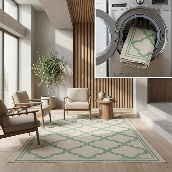 SAFAVIEH Machine Washable Rug Indoor/Outdoor Bermuda Collection - Bermuda Tamaya Geometric Machine Washable Indoor/Outdoor Area Rug, Beige/Green, 6'7" x 9'2"