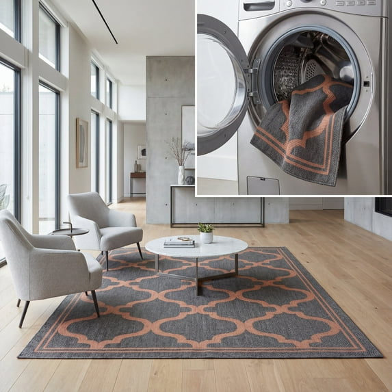 SAFAVIEH Machine Washable Rug Indoor/Outdoor Bermuda Collection - Bermuda Tamaya Geometric Machine Washable Indoor/Outdoor Area Rug, Charcoal/Rust, 4' x 6'
