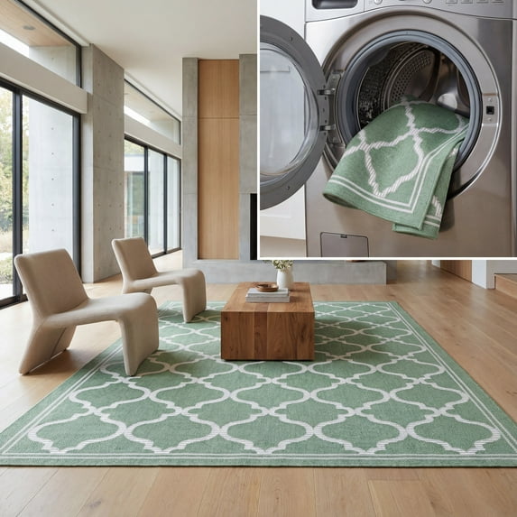 SAFAVIEH Machine Washable Rug Indoor/Outdoor Bermuda Collection - Bermuda Tamaya Geometric Machine Washable Indoor/Outdoor Area Rug, Green/Ivory, 5'3" x 7'6"
