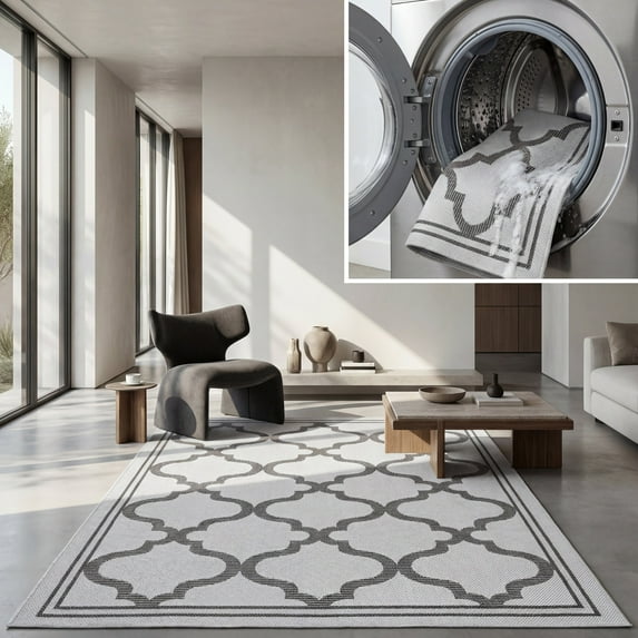 SAFAVIEH Machine Washable Rug Indoor/Outdoor Bermuda Collection - Bermuda Tamaya Geometric Machine Washable Indoor/Outdoor Area Rug, Grey/Brown, 3' x 5'