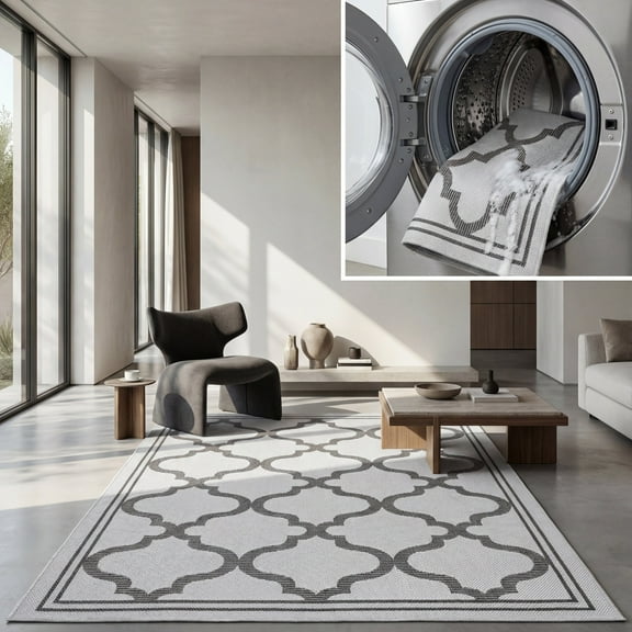 SAFAVIEH Machine Washable Rug Indoor/Outdoor Bermuda Collection - Bermuda Tamaya Geometric Machine Washable Indoor/Outdoor Area Rug, Grey/Brown, 3' x 5'