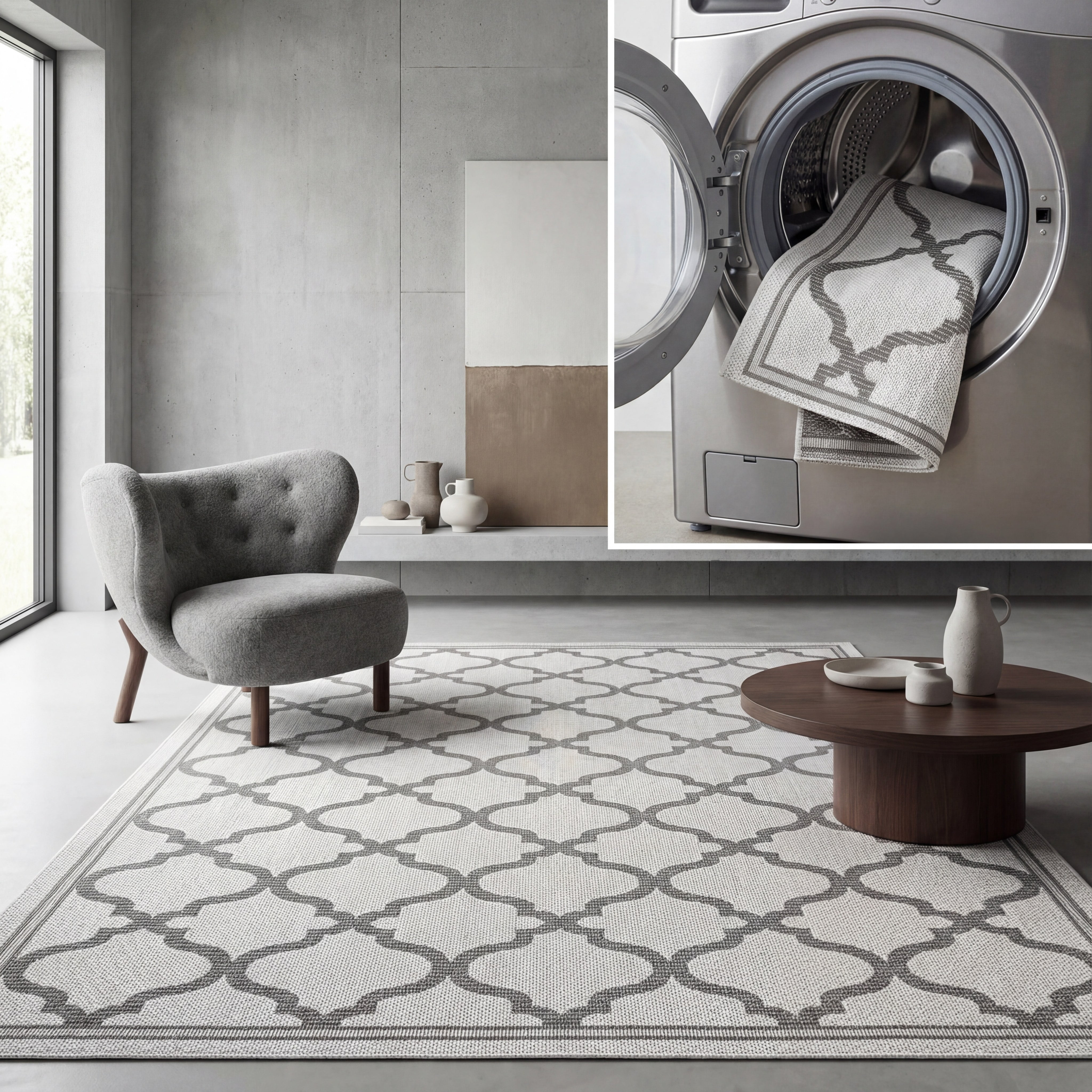 SAFAVIEH Machine Washable Rug Indoor/Outdoor Bermuda Collection - Bermuda Tamaya Geometric Machine Washable Indoor/Outdoor Area Rug, Ivory/Grey, 9' x 12'