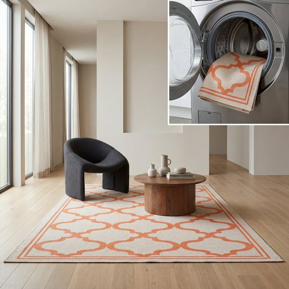 SAFAVIEH Machine Washable Rug Indoor/Outdoor Bermuda Collection - Bermuda Tamaya Geometric Machine Washable Indoor/Outdoor Area Rug, Ivory/Rust, 6'7" x 9'2"