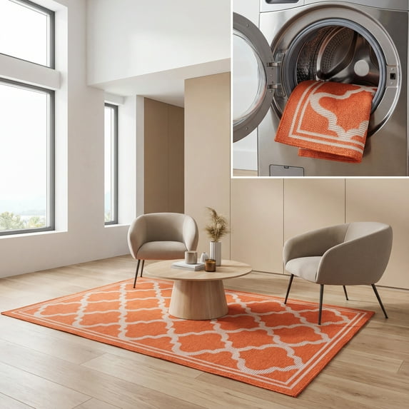 SAFAVIEH Machine Washable Rug Indoor/Outdoor Bermuda Collection - Bermuda Tamaya Geometric Machine Washable Indoor/Outdoor Area Rug, Rust/Ivory, 6'7" x 9'2"