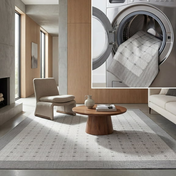 SAFAVIEH Machine Washable Rug Indoor/Outdoor Bermuda Collection - Bermuda Tarek Geometric Machine Washable Indoor/Outdoor Area Rug, Grey/Ivory, 5'3" x 5'3" Square