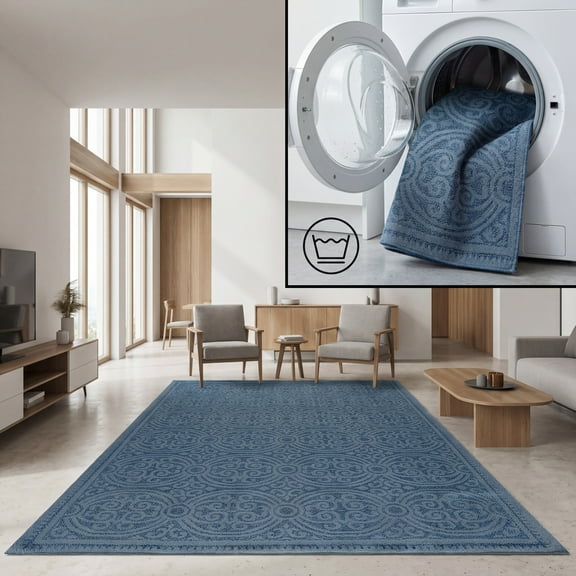 SAFAVIEH Machine Washable Rug Indoor/Outdoor Bermuda Collection - Bermuda Terrance Geometric Indoor/Outdoor Area Rug, Navy, 6'7" x 6'7" Square
