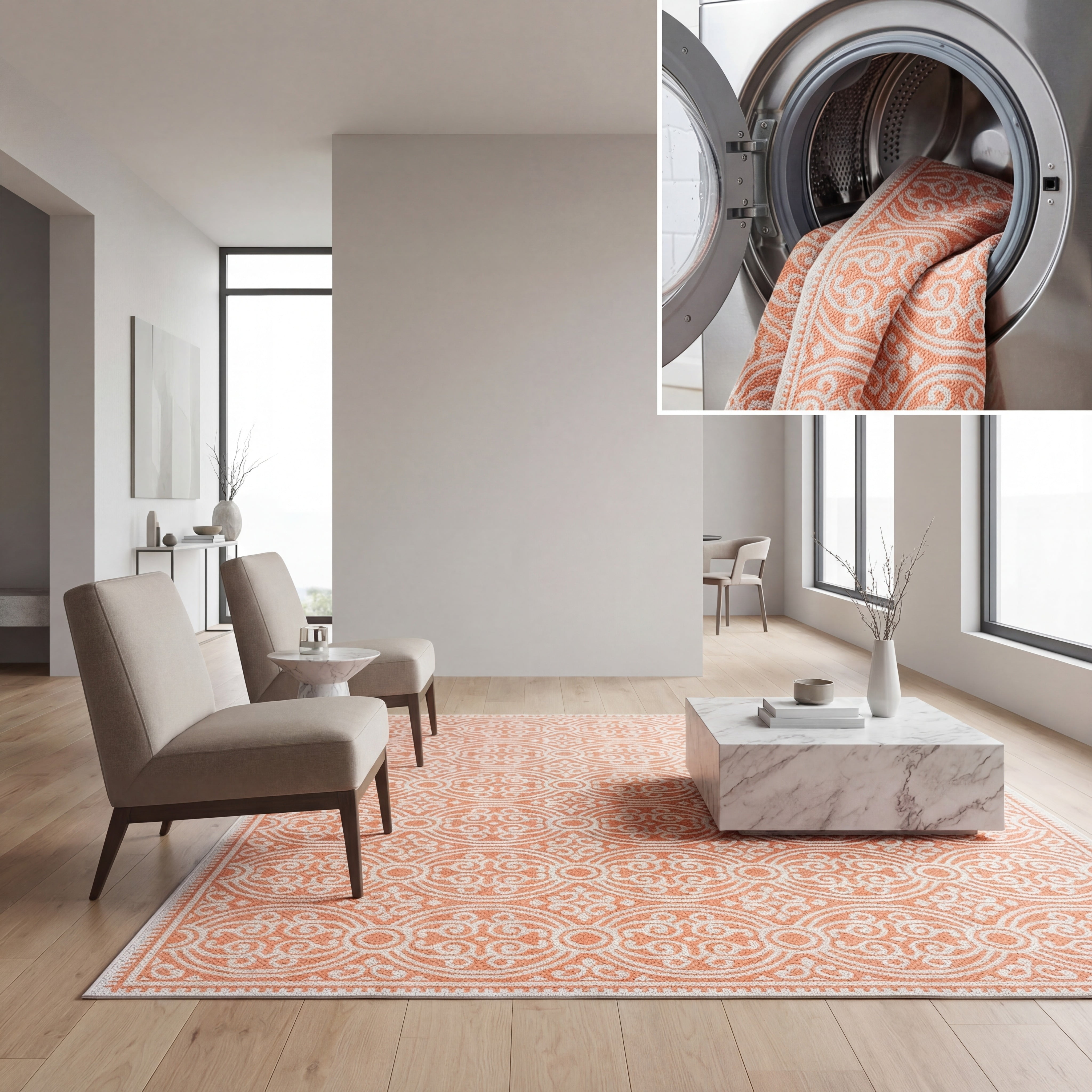 SAFAVIEH Machine Washable Rug Indoor/Outdoor Bermuda Collection - Bermuda Terrance Geometric Indoor/Outdoor Area Rug, Rust/Ivory, 6'7" x 6'7" Square