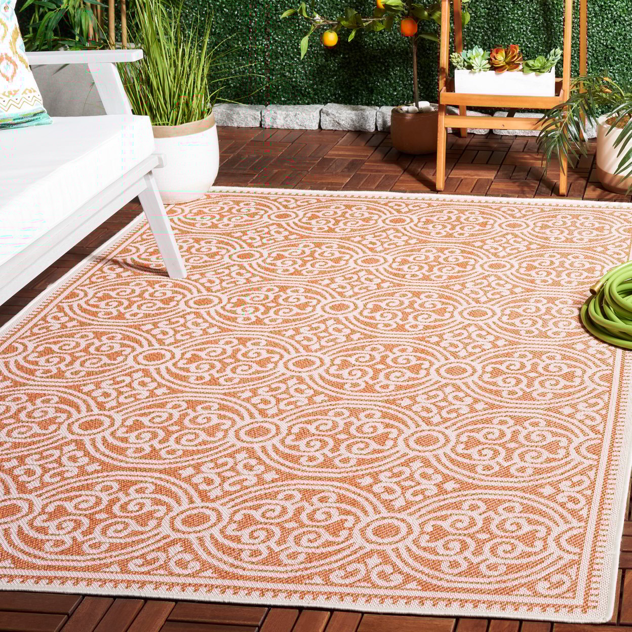 SAFAVIEH Machine Washable Rug Indoor/Outdoor Bermuda Collection - Bermuda Terrance Geometric Indoor/Outdoor Runner Rug, Rust/Ivory, 2' x 8'