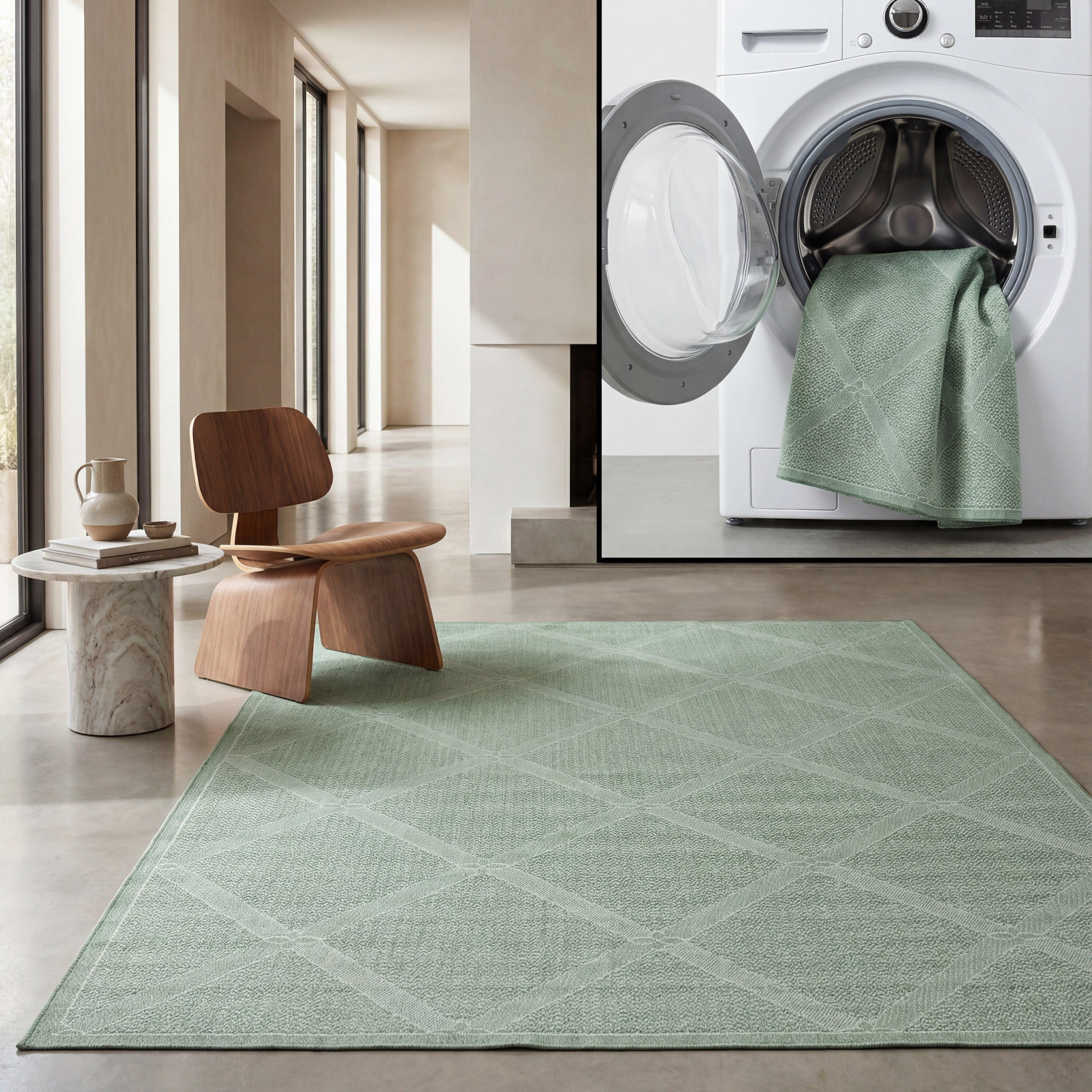 SAFAVIEH Machine Washable Rug Indoor/Outdoor Bermuda Collection - Bermuda Travis Diamond Indoor/Outdoor Area Rug, Green/Ivory, 6'7" x 6'7" Square