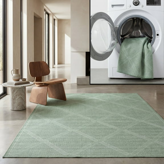 SAFAVIEH Machine Washable Rug Indoor/Outdoor Bermuda Collection - Bermuda Travis Diamond Indoor/Outdoor Area Rug, Green/Ivory, 8' x 10'