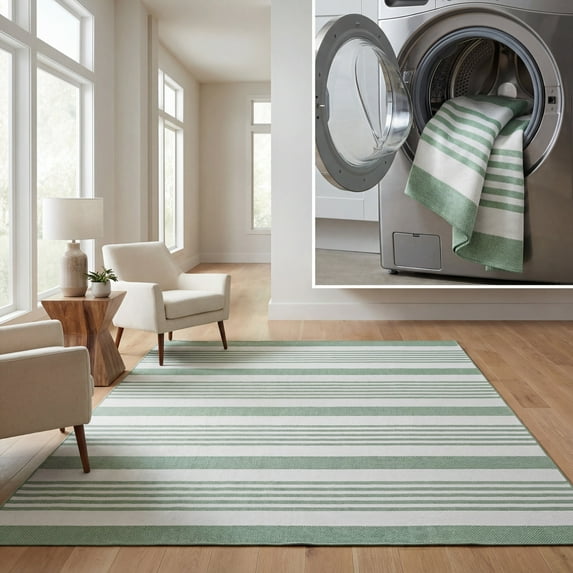 SAFAVIEH Machine Washable Rug Indoor/Outdoor Bermuda Collection - Bermuda Valentina Striped Indoor/Outdoor Area Rug, Green/Ivory, 5'3" x 7'6"
