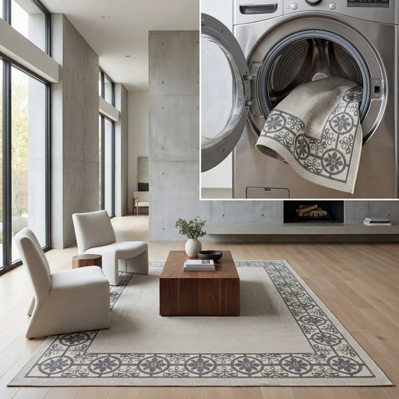 SAFAVIEH Machine Washable Rug Indoor/Outdoor Bermuda Collection - Bermuda Zoey Floral Bordered Indoor/Outdoor Area Rug Ivory/Charcoal, 5'3" x 7'6"