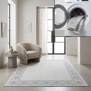 SAFAVIEH Machine Washable Rug Indoor/Outdoor Bermuda Collection - Bermuda Zoey Floral Bordered Indoor/Outdoor Area Rug Ivory/Light Blue, 6'7" x 6'7" Square