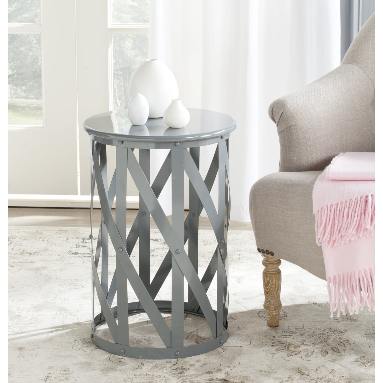 Gray Metal Round Lattice Accent Table