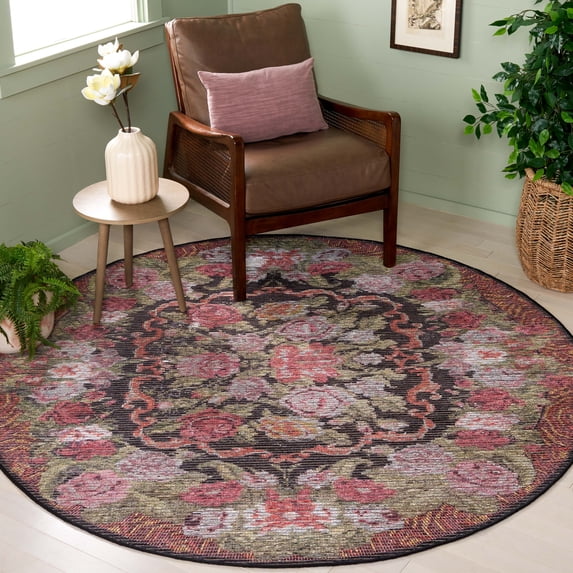 SAFAVIEH Besarabian Evonne Floral Machine Washable Area Rug, Black/Sage Rust, 6'7" x 6'7" Round