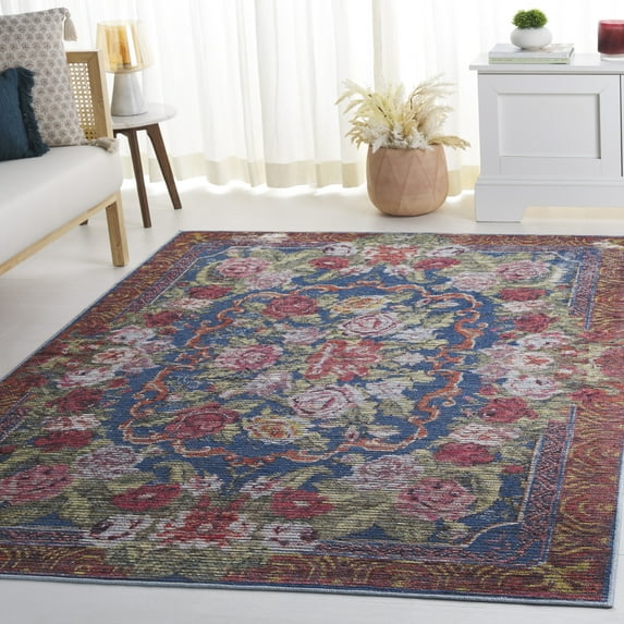 SAFAVIEH Besarabian Evonne Floral Machine Washable Area Rug, Blue/Sage Rust, 5'3" x 7'6"