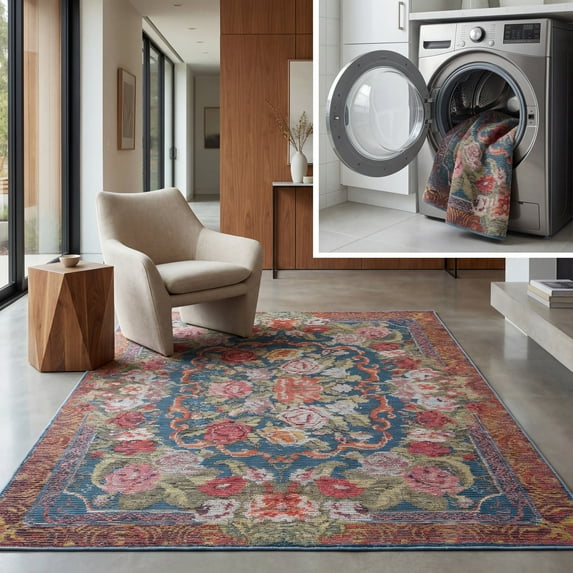 SAFAVIEH Besarabian Evonne Floral Machine Washable Area Rug, Blue/Sage Rust, 6'7" x 6'7" Square