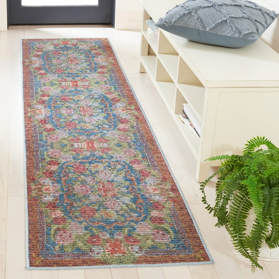 SAFAVIEH Besarabian Evonne Floral Machine Washable Runner Rug, Blue/Sage Rust, 2' x 8'