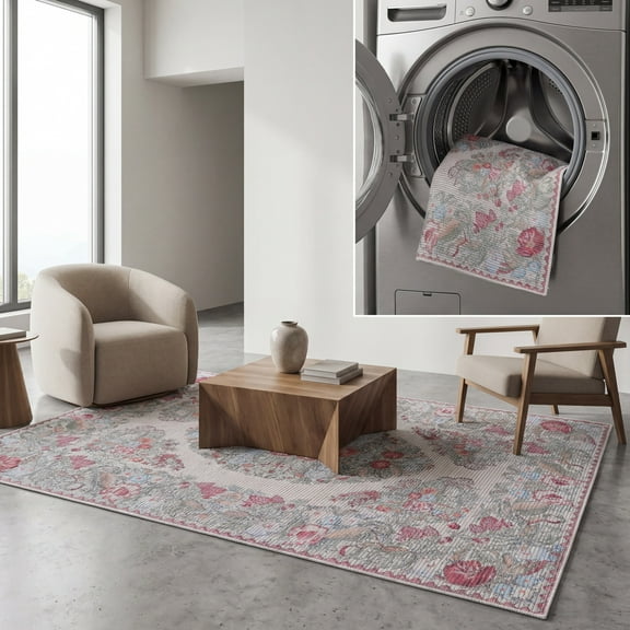 SAFAVIEH Besarabian Jimmy Floral Machine Washable Area Rug, Beige/Sage, 5'3" x 7'6"