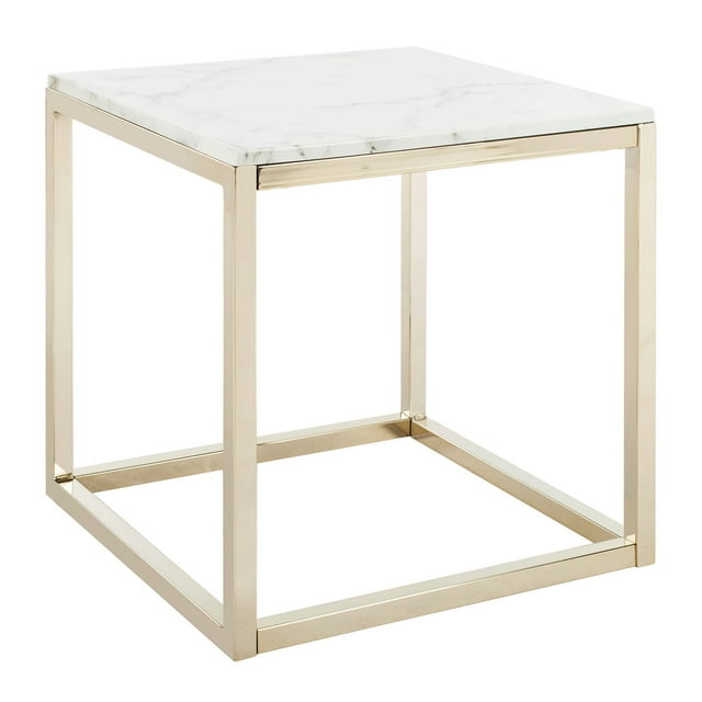 SAFAVIEH Bethany Square Modern Glam End Table, White Marble/Brass