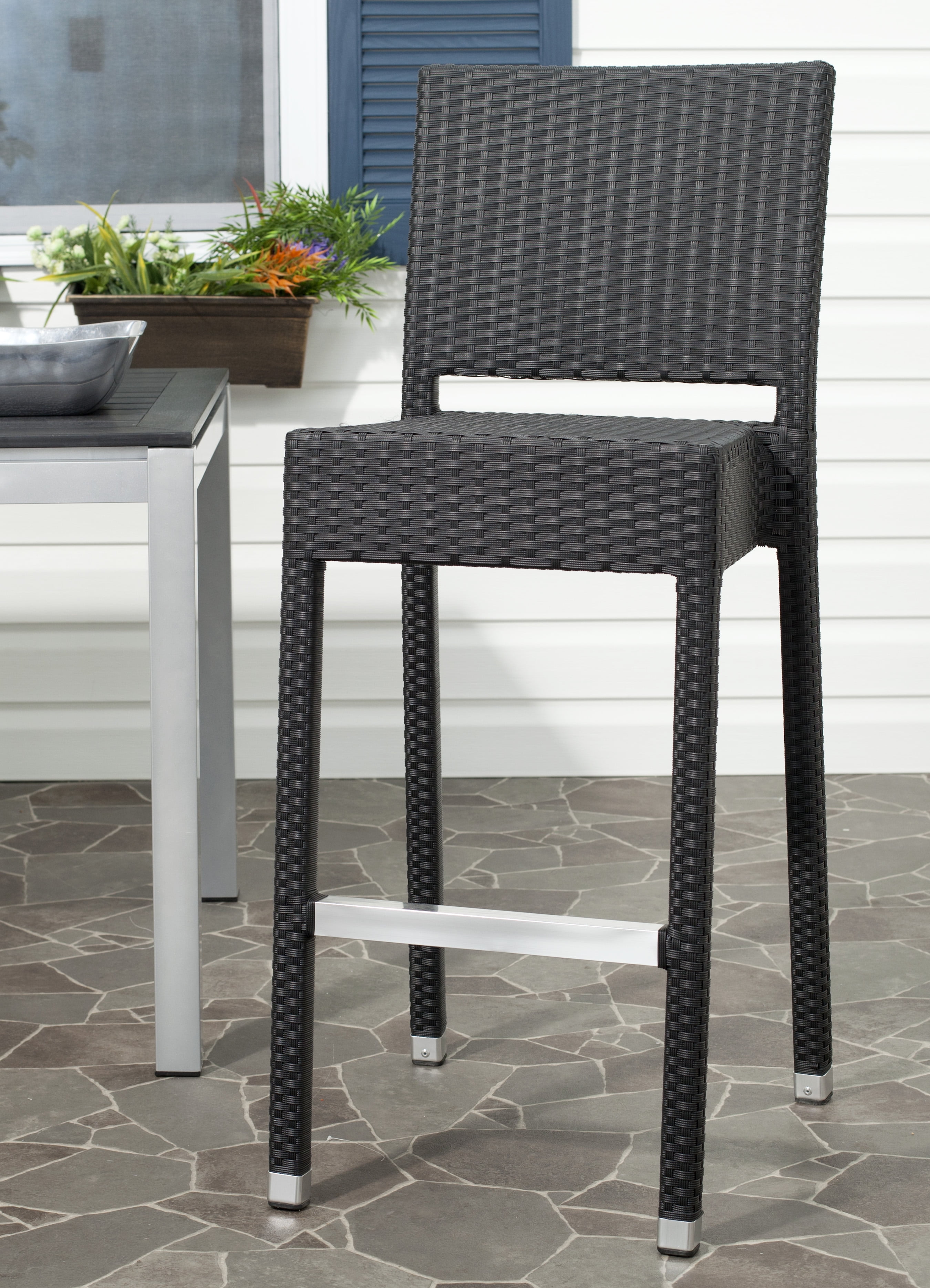 Bethel Black Wicker and Aluminum Bar Stool