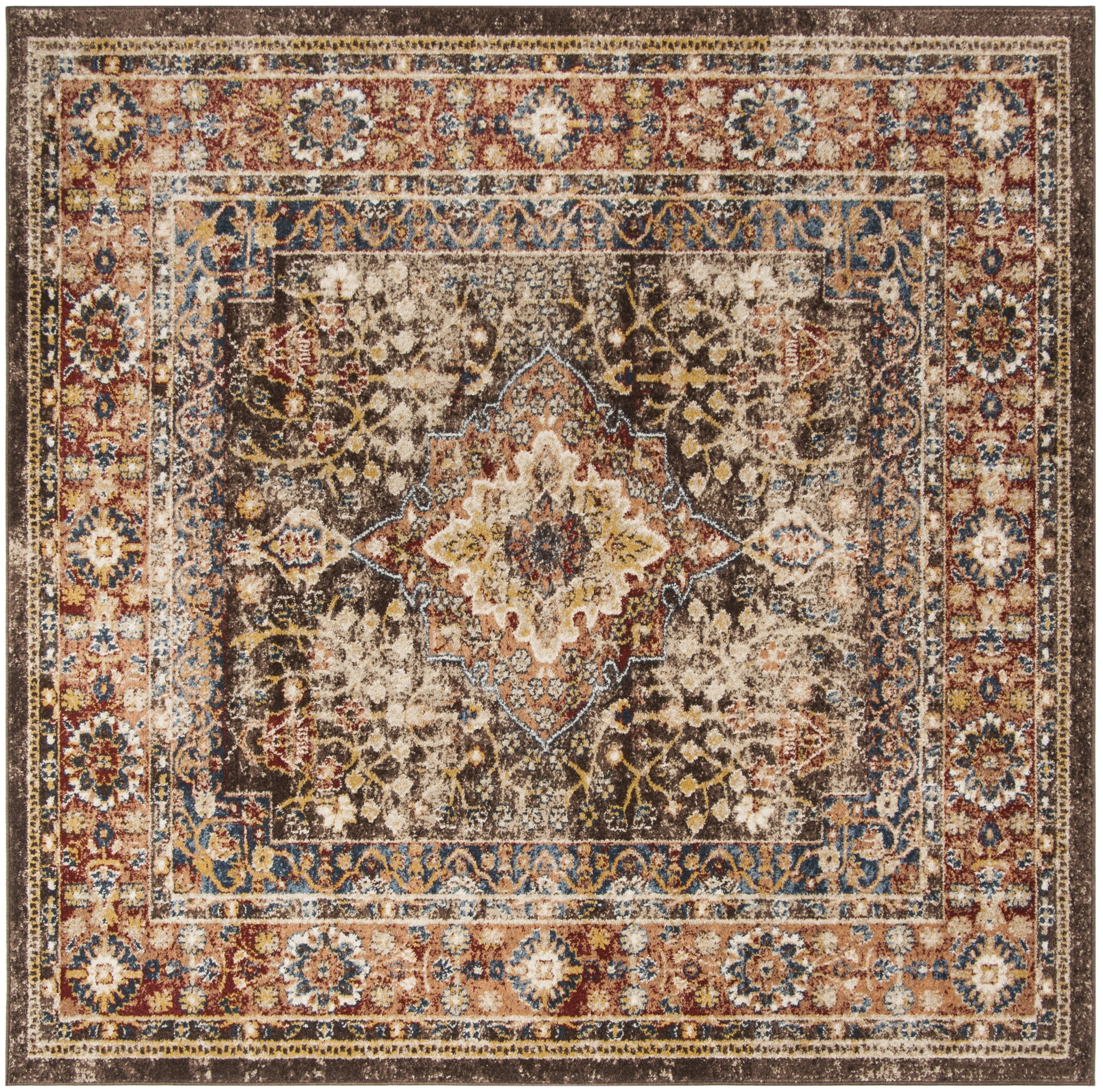 Square Hand-Knotted Blue Bijar Inspired Synthetic Rug