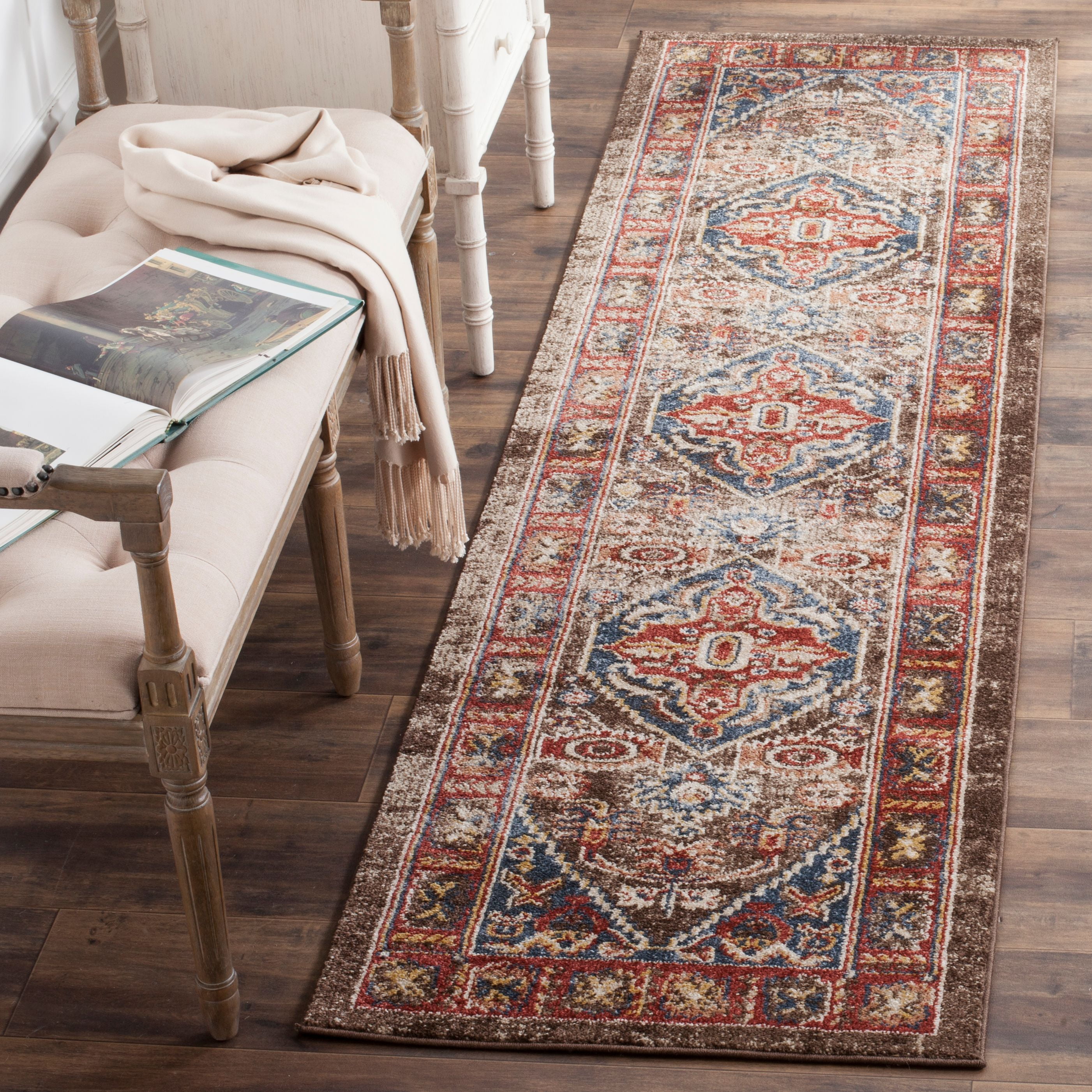 Persian Style Brown and Blue Synthetic Runner Rug
