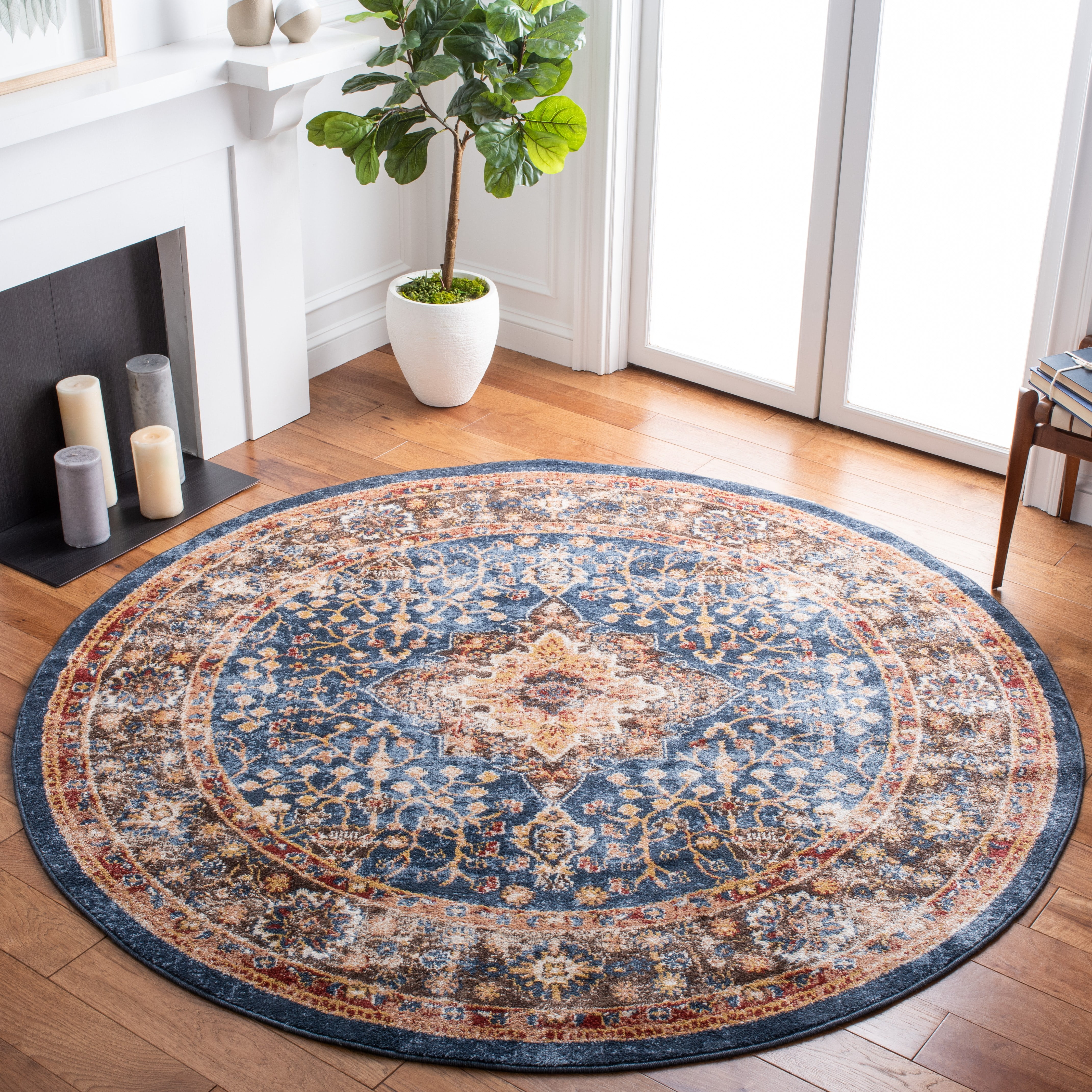 SAFAVIEH Bijar Rhona Oriental Area Rug, Navy/Brown, 6'7" x 6'7" Round