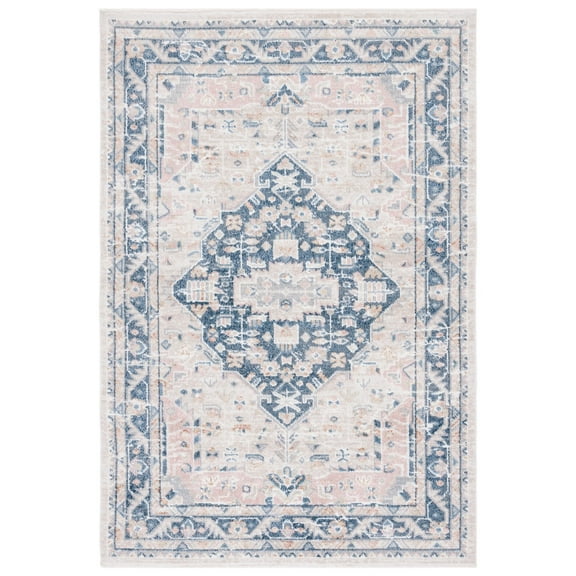 SAFAVIEH Blair Amyas Oriental Polyester Machine Washable Area Rug, Beige/Navy, 5'3" x 7'6"