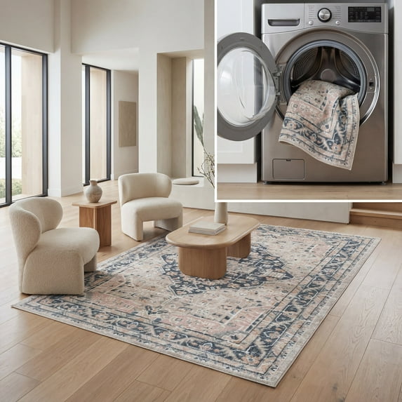 SAFAVIEH Blair Amyas Traditional Machine Washable Area Rug, 8' x 10', Beige/Navy