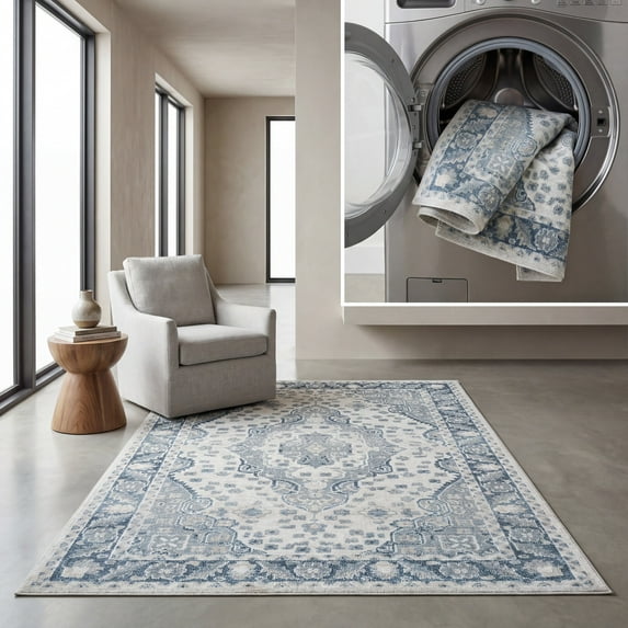 SAFAVIEH Blair Arline Traditional Machine Washable Area Rug, 6'7" x 6'7" Square, Beige/Grey Blue