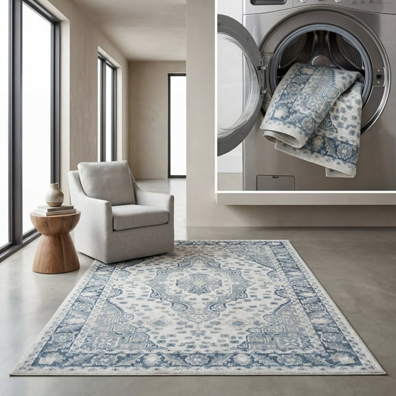 SAFAVIEH Blair Arline Traditional Machine Washable Area Rug, 9' x 12', Beige/Grey Blue