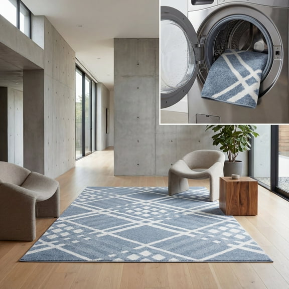 SAFAVIEH Blair Caiden Geometric Machine Washable Area Rug, 6'7" x 6'7" Square, Blue/Ivory
