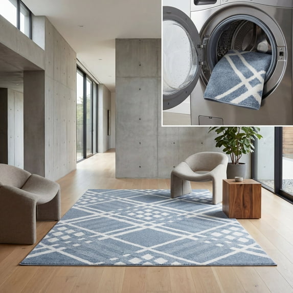 SAFAVIEH Blair Caiden Geometric Machine Washable Area Rug, 8' x 10', Blue/Ivory