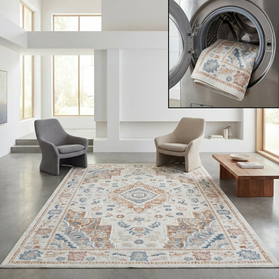 SAFAVIEH Blair Carleen Traditional Machine Washable Area Rug, 4' x 6', Beige/Rust