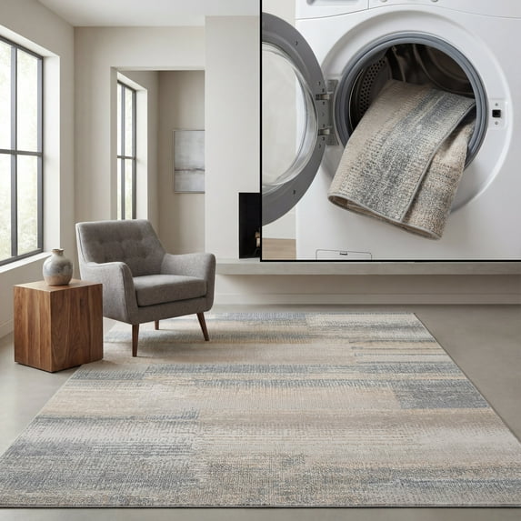 SAFAVIEH Blair Diego Abstract Machine Washable Area Rug, 4' x 6', Grey/Beige
