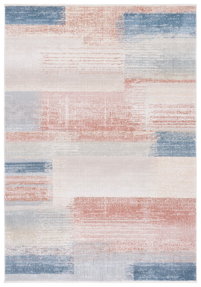 Beige and Blue Rust Abstract Washable Area Rug