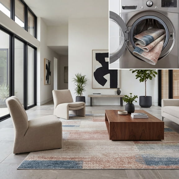 SAFAVIEH Blair Diego Abstract Machine Washable Area Rug, 9' x 12', Beige/Blue Rust