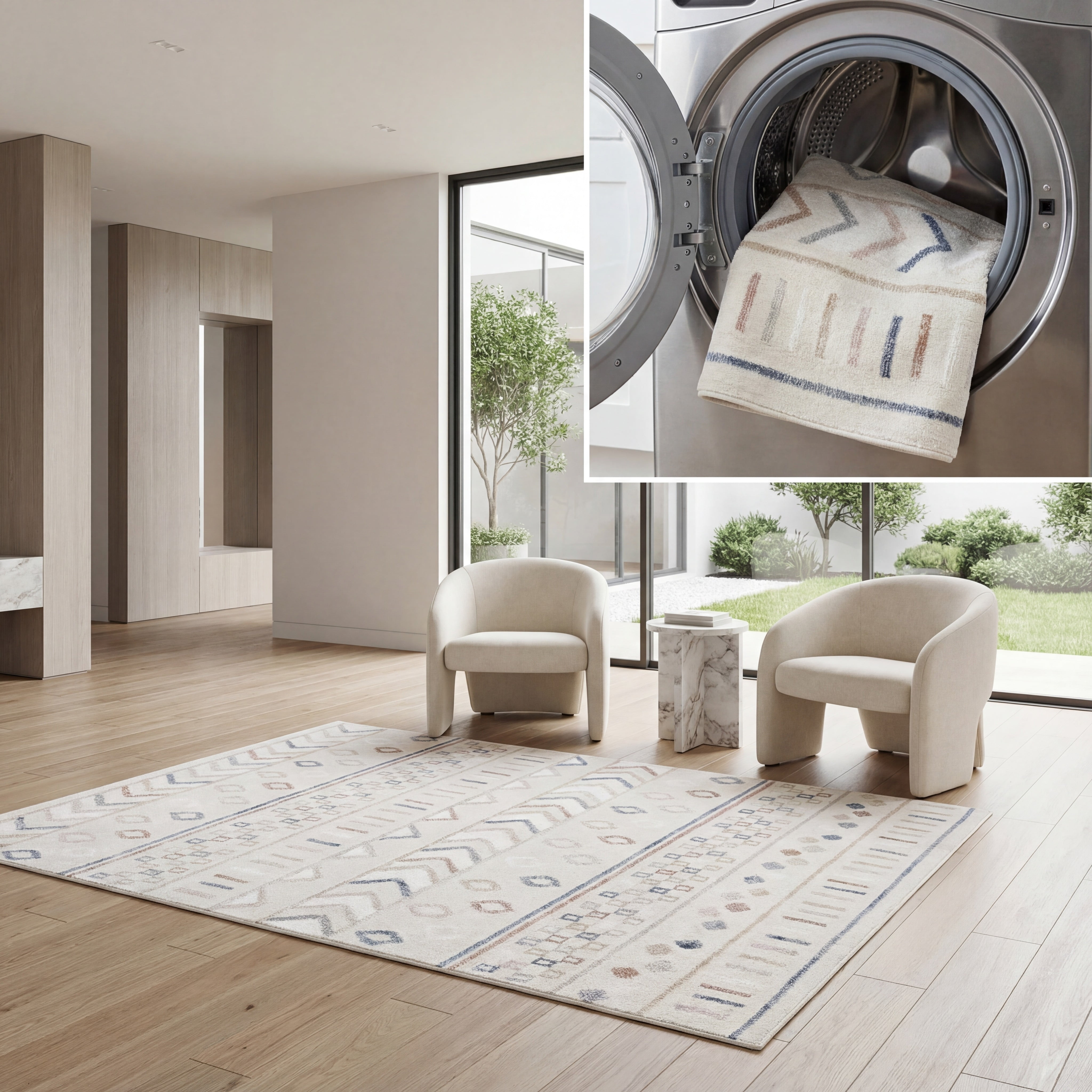 SAFAVIEH Blair Dolkar Aztec Machine Washable Area Rug, 5'3" x 7'6", Beige/Multi