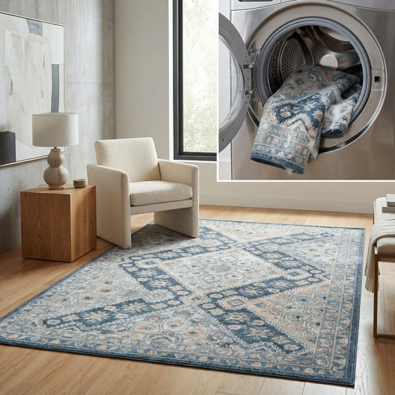 SAFAVIEH Blair Elyse Traditional Chevron Machine Washable Area Rug, 5'3" x 7'6", Grey/Navy