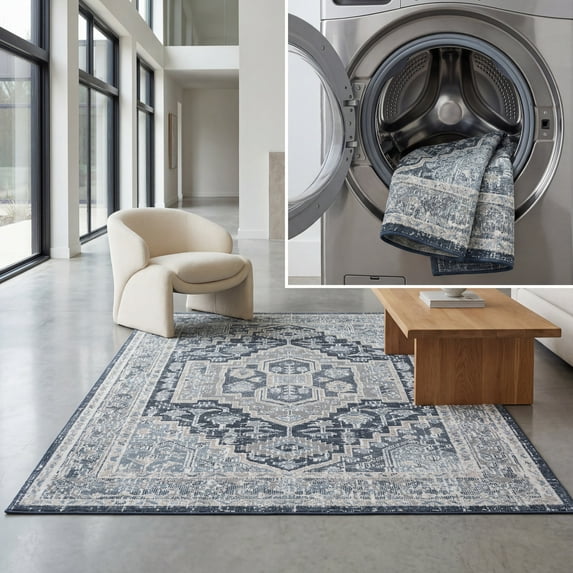 SAFAVIEH Blair Giovanni Traditional Machine Washable Area Rug, 9' x 12', Beige/Navy