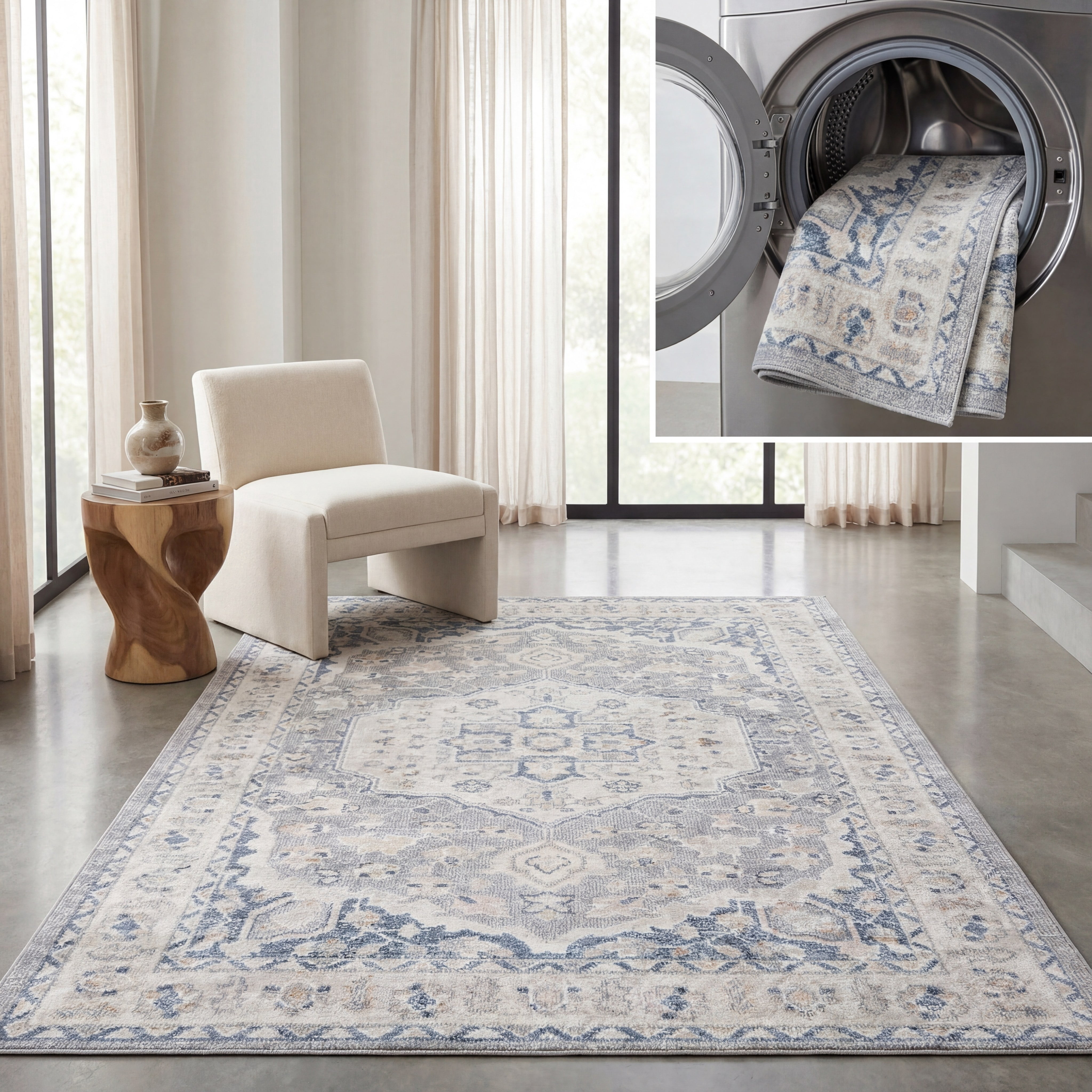 SAFAVIEH Blair Keighley Traditional Machine Washable Area Rug, 5'3" x 7'6", Beige/Light Grey