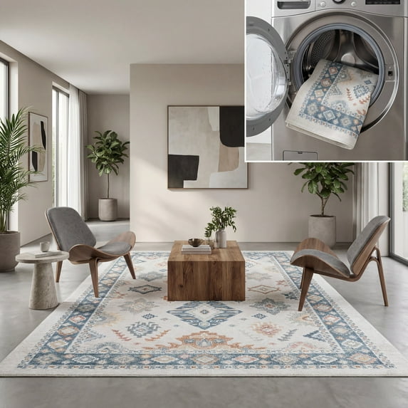 SAFAVIEH Blair Lailee Traditional Machine Washable Area Rug, 5'3" x 7'6", Beige/Blue
